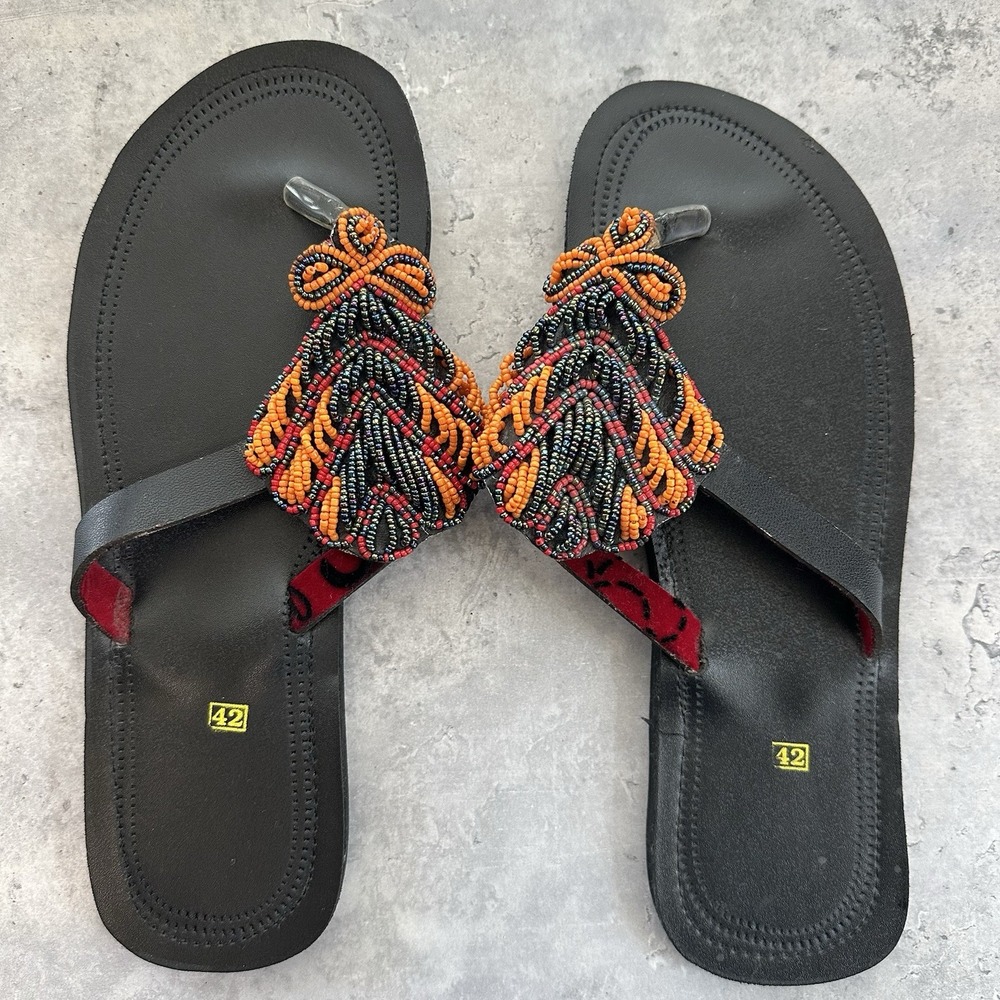 African‎ leather Handmade beaded Sandals Size EU42 black orange red flip flops